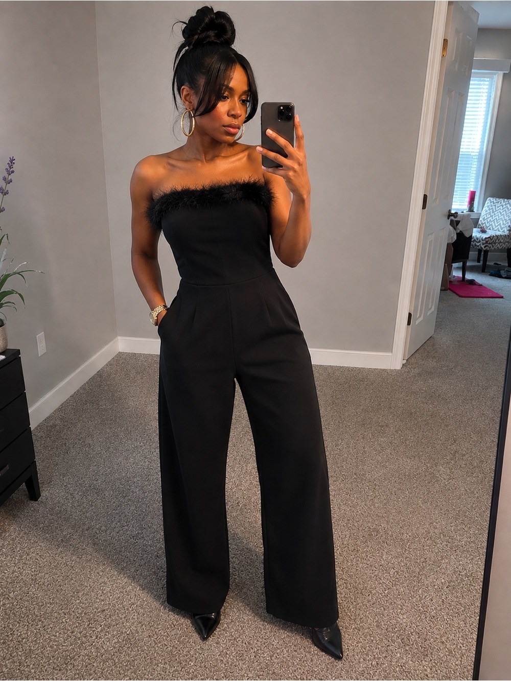 Haute Monde Black Strapless Feather-Trim Wide-Leg Jumpsuit